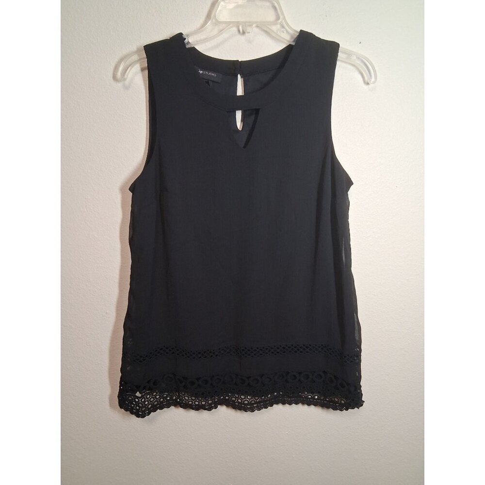 AB Studio Blouse Business Casual Office Sleeveless Boho Lace Top Black Sz Medium
